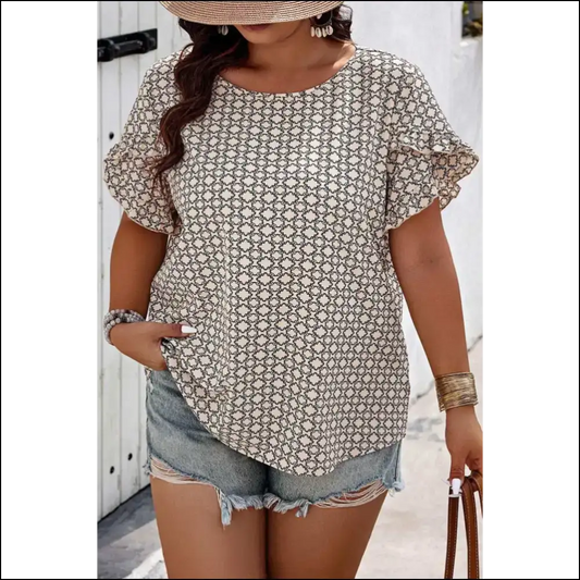 Khaki Geometric Print Frill Tulip Sleeve: Curves Ahead! 1x - Plus Size Tops on Sale Worldwide Shipping