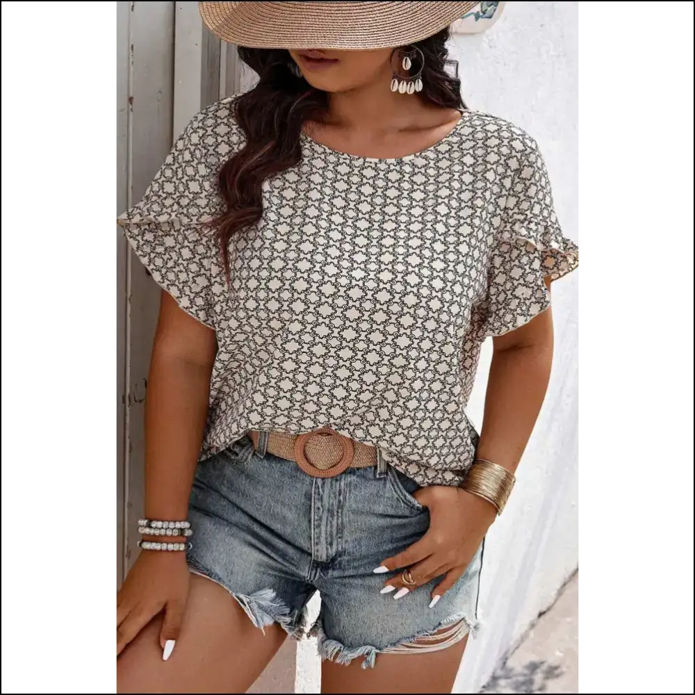 Khaki Geometric Print Frill Tulip Sleeve: Curves Ahead! Plus Size Tops on Sale Worldwide Shipping