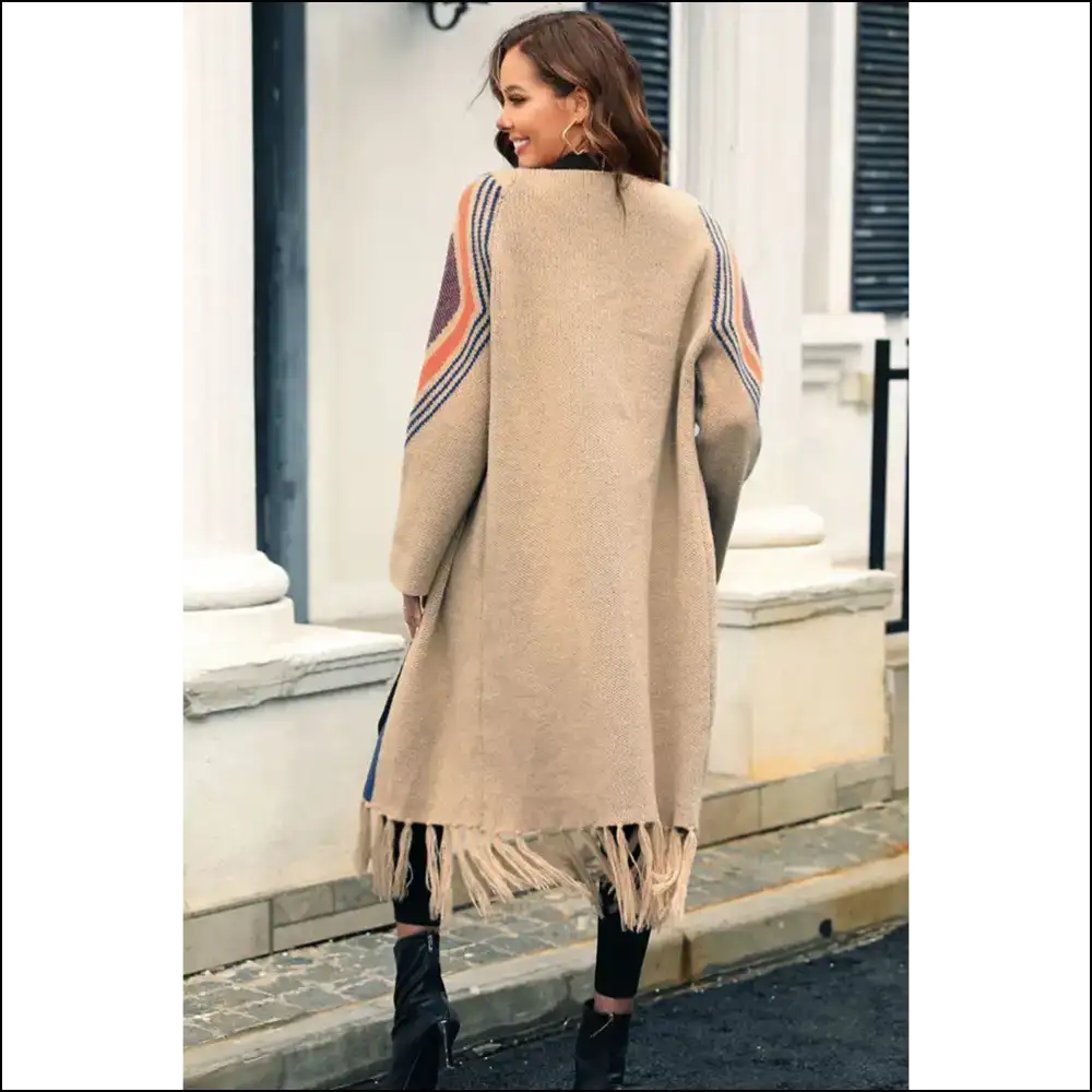 Khaki Geometric Stripe Fringe Hem: Dressed to Kill! 💀 Needful Things - Cardigans on Sale Worldwide Shipping