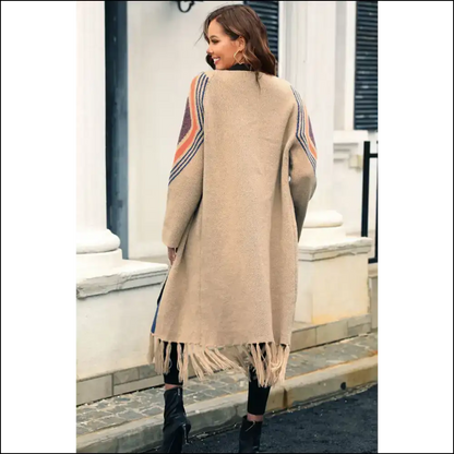 Khaki Geometric Stripe Fringe Hem: Dressed to Kill! 💀 Needful Things - Cardigans on Sale Worldwide Shipping