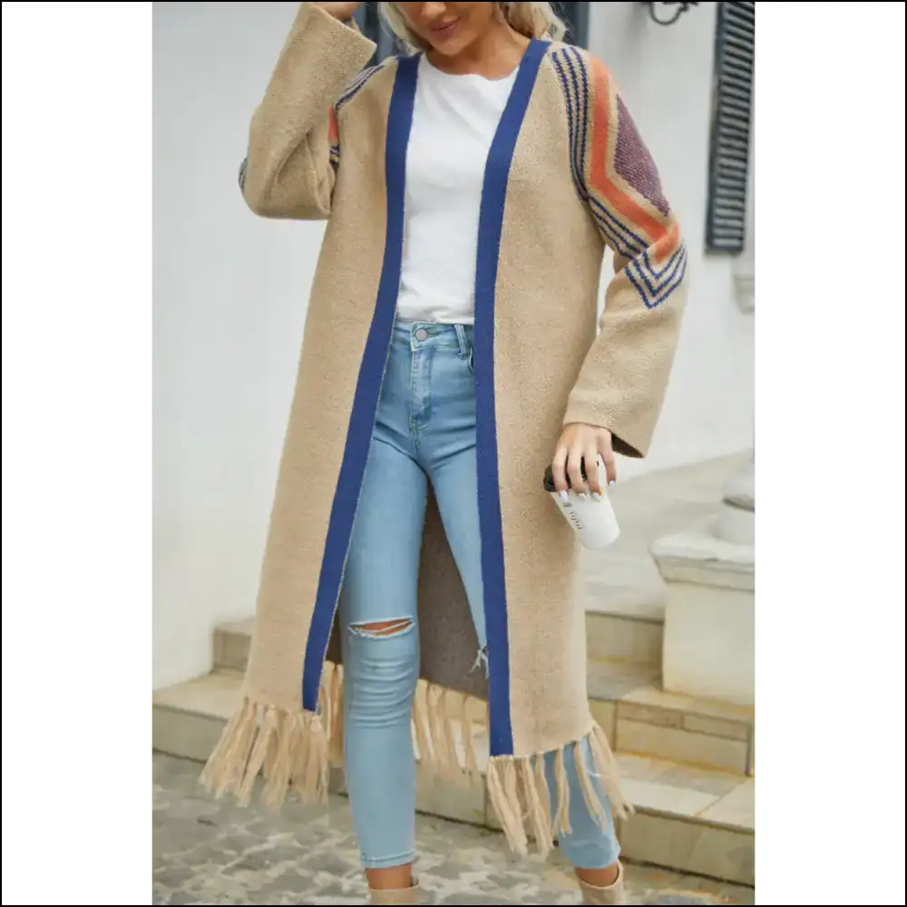 Khaki Geometric Stripe Fringe Hem: Dressed to Kill! 💀 Needful Things - s - Cardigans on Sale Worldwide Shipping