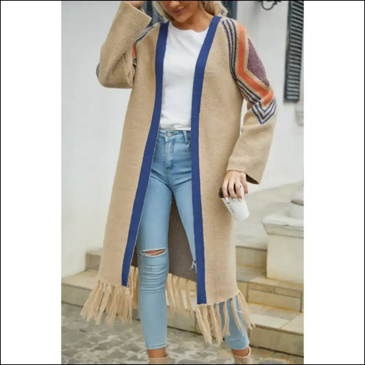Khaki Geometric Stripe Fringe Hem: Dressed to Kill! 💀 Needful Things - s - Cardigans on Sale Worldwide Shipping