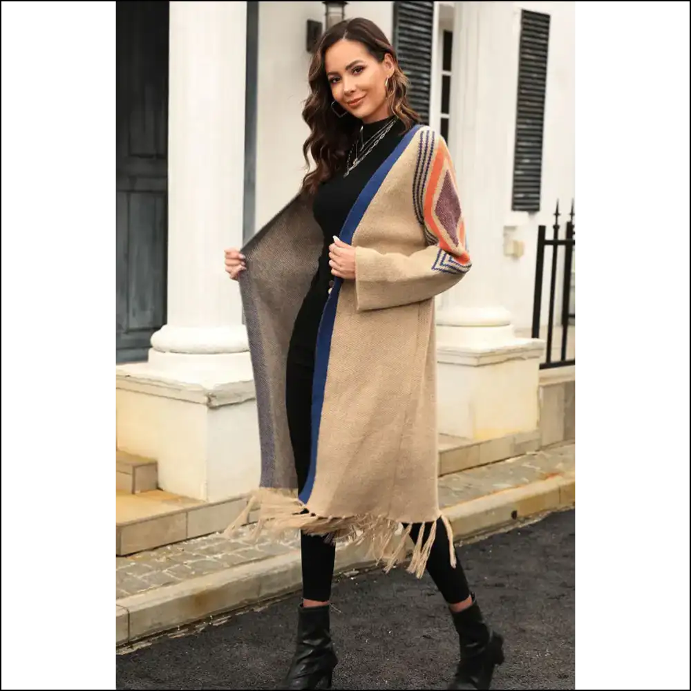 Khaki Geometric Stripe Fringe Hem: Dressed to Kill! 💀 Needful Things - Cardigans on Sale Worldwide Shipping
