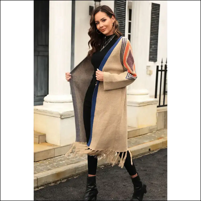 Khaki Geometric Stripe Fringe Hem: Dressed to Kill! 💀 Needful Things - Cardigans on Sale Worldwide Shipping