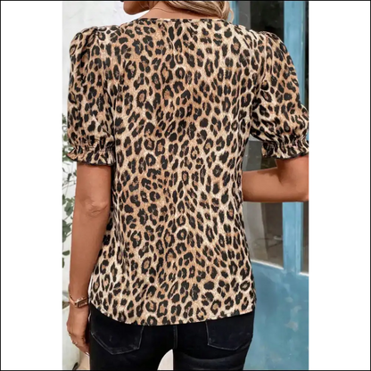 Khaki Leopard Puff Sleeve Ruffle Blouse Rawr - Blouses on Sale Worldwide Shipping