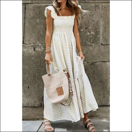 Khaki Plaid Maxi Dress: from Drab to Fab 👗 Needful Things - s - Dresses on Sale Worldwide Shipping