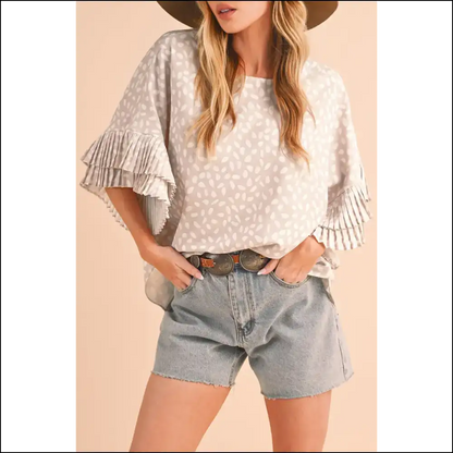 Khaki Spotted Ruffle Sleeve Blouse: Feel Good 💀 Needful Things - s - Blouses on Sale Worldwide Shipping