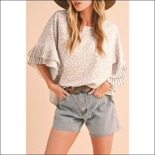 Khaki Spotted Ruffle Sleeve Blouse: Feel Good 💀 Needful Things - s - Blouses on Sale Worldwide Shipping