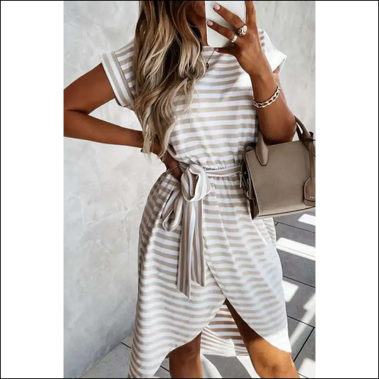 Khaki Stripe Belted Midi Dress: Look Good you Betcha! Needful Things 😈 - s - Dresses on Sale Worldwide Shipping