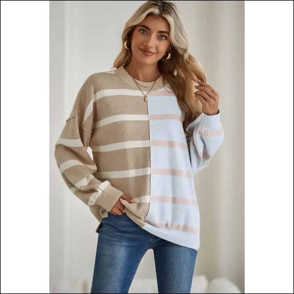 Khaki Stripe Exposed Seam Loose Sweatshirt: Steal Hearts - Blue / s - Sweatshirts & Hoodies on Sale Worldwide Shipping