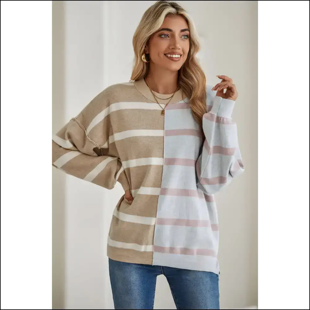 Khaki Stripe Exposed Seam Loose Sweatshirt: Steal Hearts - Sweatshirts & Hoodies on Sale Worldwide Shipping
