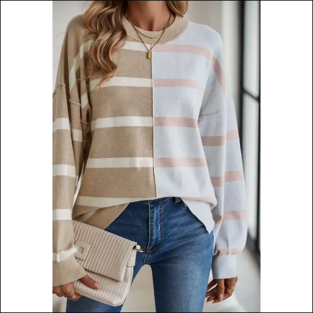 Khaki Stripe Exposed Seam Loose Sweatshirt: Steal Hearts - Sweatshirts & Hoodies on Sale Worldwide Shipping