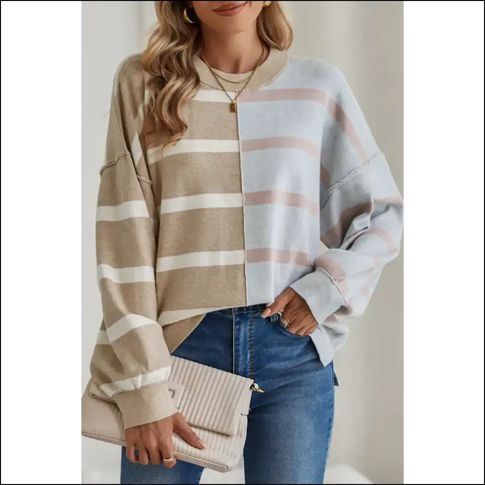 Khaki Stripe Exposed Seam Loose Sweatshirt: Steal Hearts - s - Sweatshirts & Hoodies on Sale Worldwide Shipping
