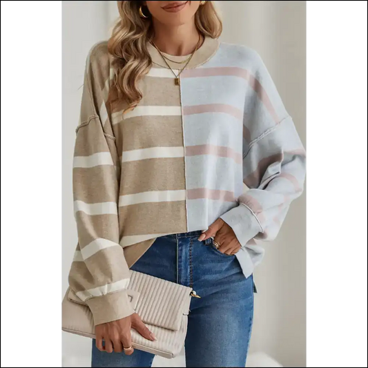 Khaki Stripe Exposed Seam Loose Sweatshirt: Steal Hearts - s - Sweatshirts & Hoodies on Sale Worldwide Shipping