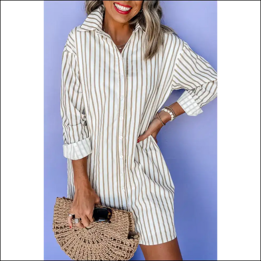 Khaki Stripe Mini Shirt Dress: Dress Like you Own the Bank 🏦 Needful Things - s - Short Dresses on Sale Worldwide Shipping