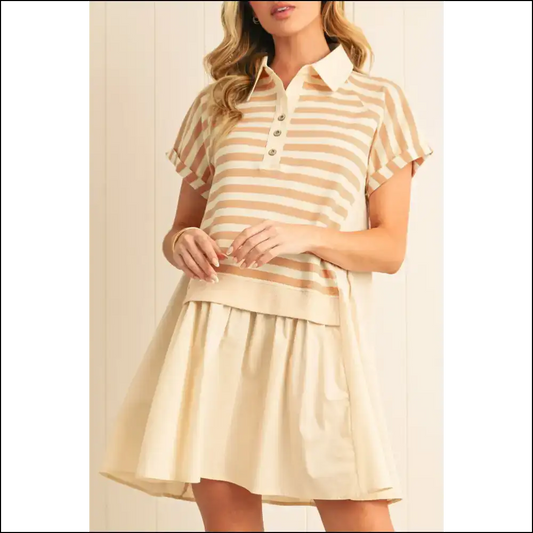 Khaki Striped Patchwork Dress: Leg Day 🍑 - s - Short Dresses on Sale Worldwide Shipping