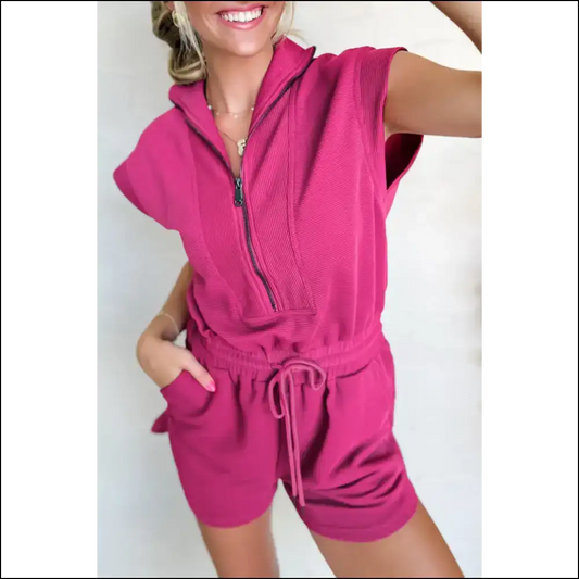 Khaki Textured Half Zip Romper: Needful Things Chic 🤪 - Rose Red / s - Rompers Jumpsuits & on Sale Worldwide Shipping