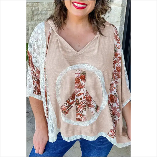 Khaki v Neck Floral Peace Sign: Finally a Top that Gets you ?️needful Things - 1x - Plus Size Tops on Sale Worldwide Shipping