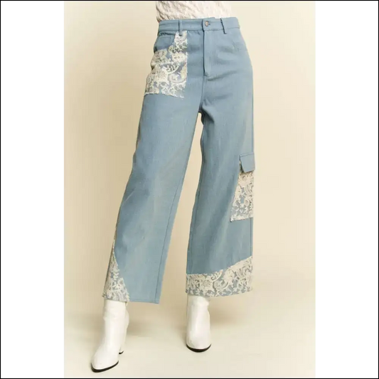 Lace Applique Wide Leg Jeans: where Chic Meets Oh-so-slightly Ridiculous! - Light Blue / s - Jeans on Sale Worldwide Shipping