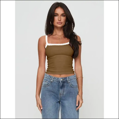 Lace Detail Cropped Cami - Coffee / s - Tank Tops on Sale Worldwide Shipping
