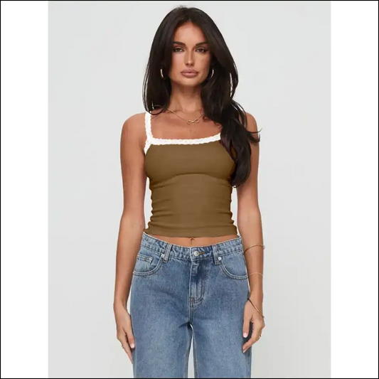 Lace Detail Cropped Cami - Coffee / s - Tank Tops on Sale Worldwide Shipping