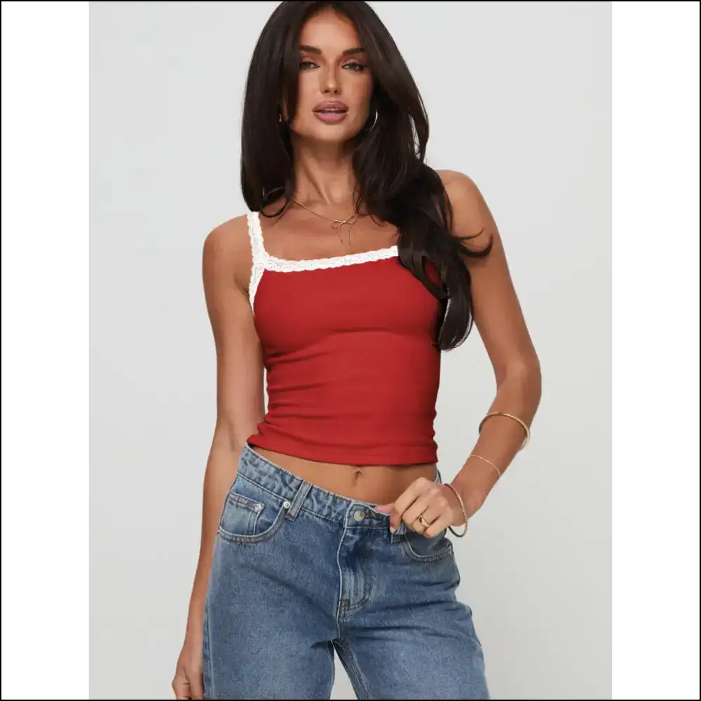 Lace Detail Cropped Cami - Red / s - Tank Tops on Sale Worldwide Shipping