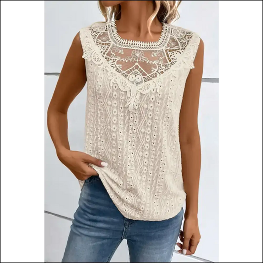 Lace Detail Eyelet Tank Top - Ivory / l - Tops on Sale Worldwide Shipping