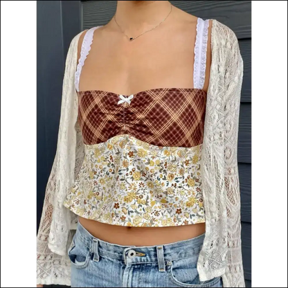 Lace Detail Floral Sweetheart Neck Cami - Brown / s - Tank Tops on Sale Worldwide Shipping