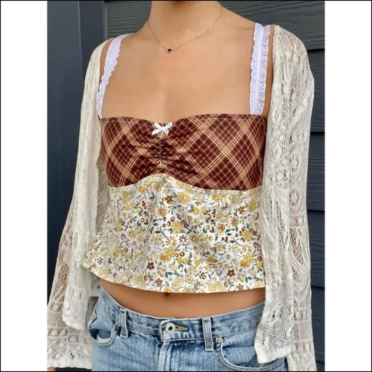 Lace Detail Floral Sweetheart Neck Cami - Brown / s - Tank Tops on Sale Worldwide Shipping