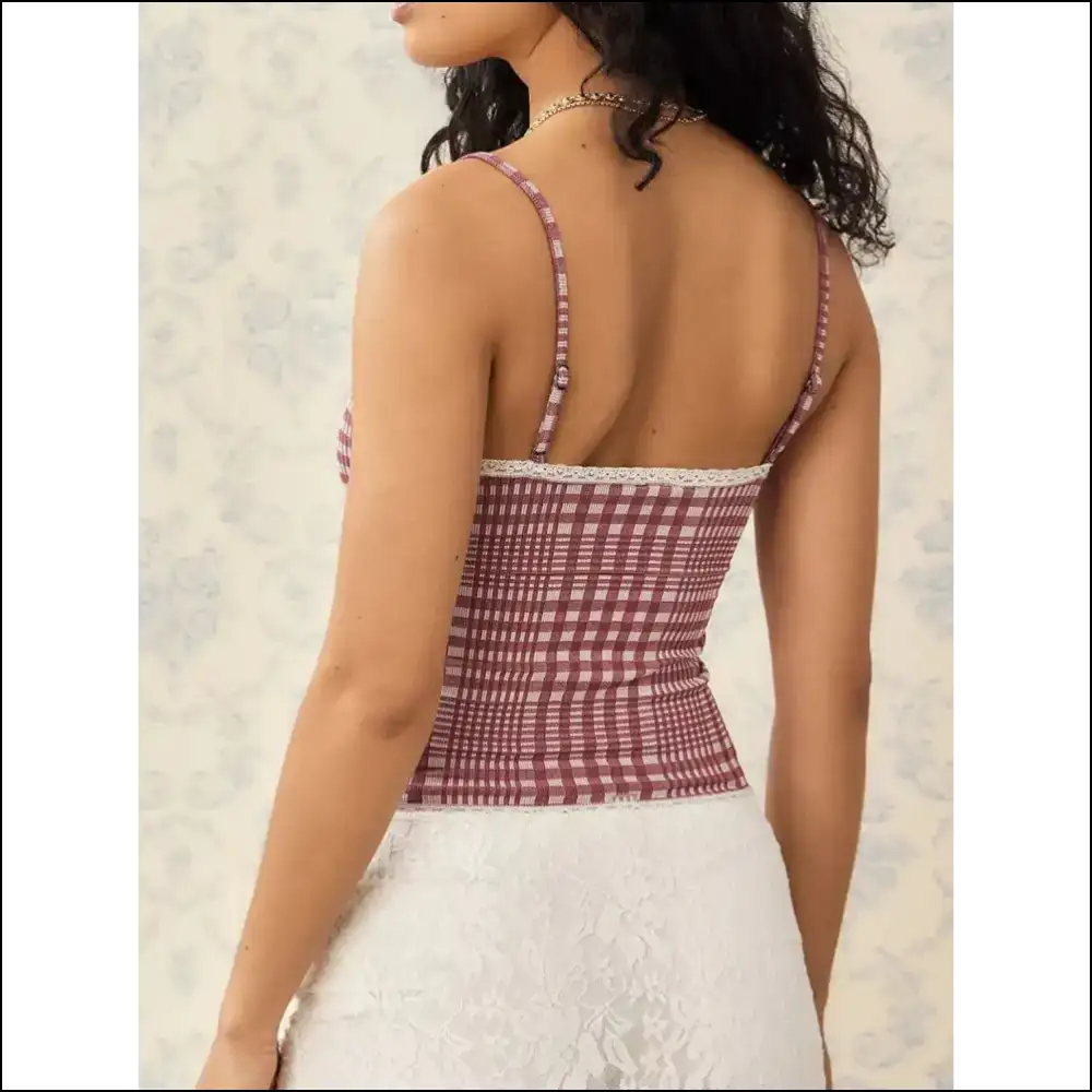 Lace Detail Plaid Square Neck Cami - Tank Tops on Sale Worldwide Shipping