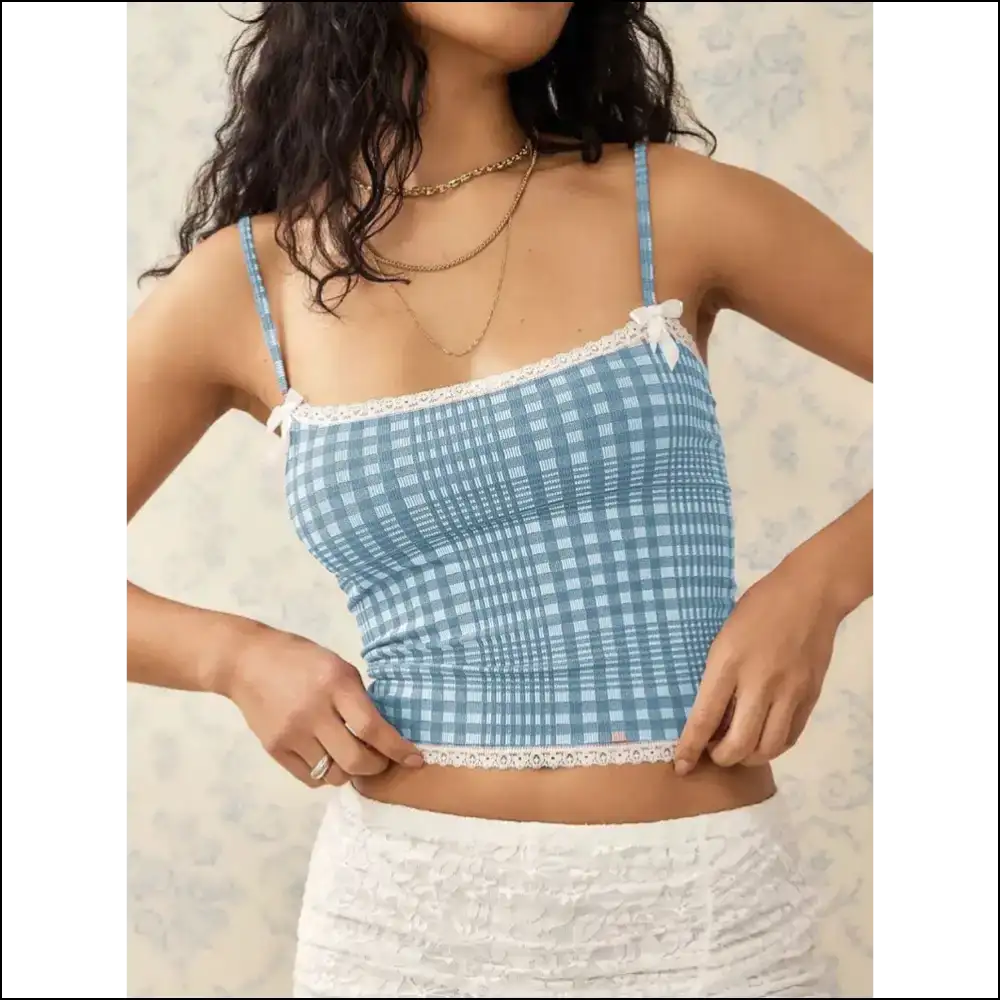 Lace Detail Plaid Square Neck Cami - Sky Blue / s - Tank Tops on Sale Worldwide Shipping