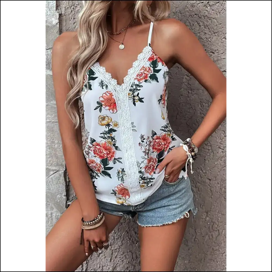 Lace Detail Printed V-neck Cami - White / l - Tank Tops on Sale Worldwide Shipping