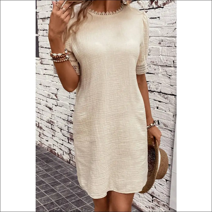 Lace Detail Round Neck Short Sleeve Mini Dress - Dresses on Sale Worldwide Shipping