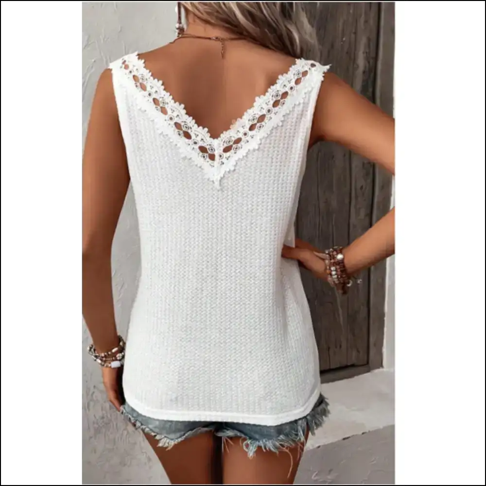 Lace Detail Textured V-neck Tank Top - Tops on Sale Worldwide Shipping