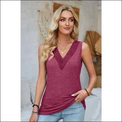 Lace Detail V-neck Tank Top - Bright Pink / 2xl - Tops on Sale Worldwide Shipping