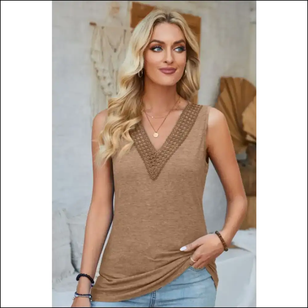 Lace Detail V-neck Tank Top - Camel / m - Tops on Sale Worldwide Shipping