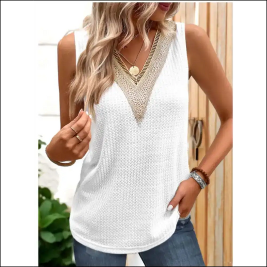 Lace Detail V-neck Tank Top - Effortlessly Chic - White / 2xl - Tops on Sale Worldwide Shipping