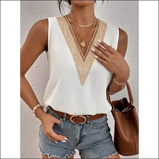 Lace Detail V-neck Tank Top - Effortlessly Chic - White / l - Tops on Sale Worldwide Shipping