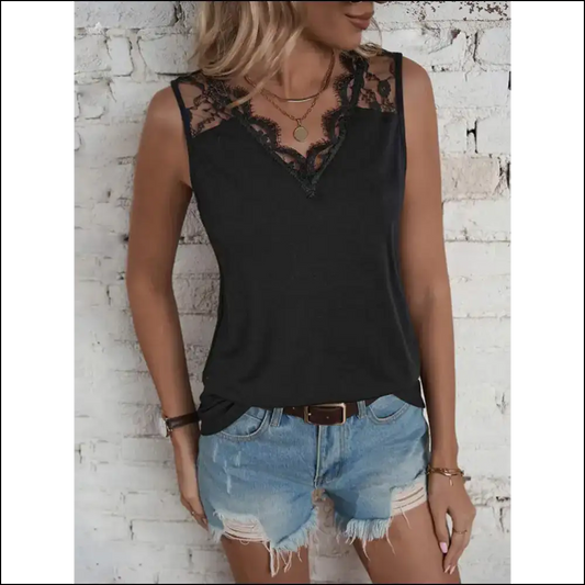 Lace Detail V-neck Tank Top for Women - Black / m - Tops on Sale Worldwide Shipping