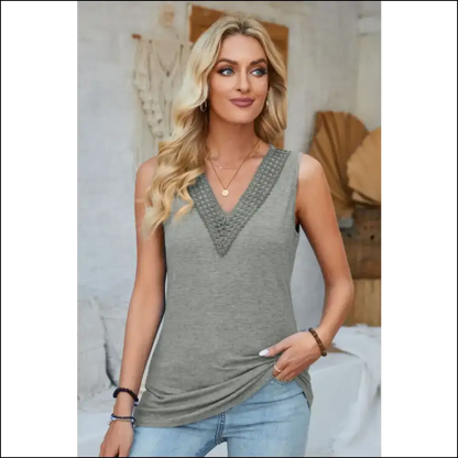 Lace Detail V-neck Tank Top - Gray / m - Tops on Sale Worldwide Shipping