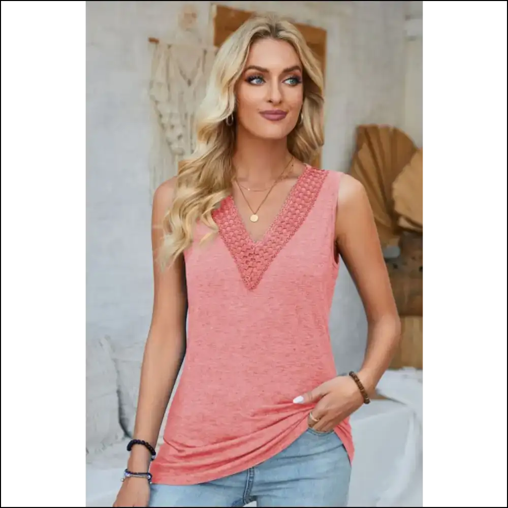 Lace Detail V-neck Tank Top - Strawberry Pink / s - Tops on Sale Worldwide Shipping