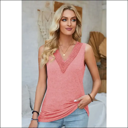 Lace Detail V-neck Tank Top - Strawberry Pink / s - Tops on Sale Worldwide Shipping