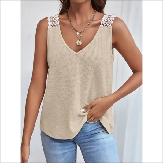 Lace Detail Waffle-knit V-neck Tank - Khaki / Xl - Tops on Sale Worldwide Shipping