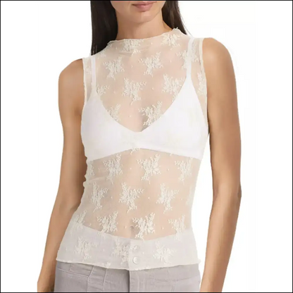 Lace Mock Neck Magic: Dress to Impress and Scare your Ex Away! 👑✨ - Cream / s - Tank Tops on Sale Worldwide Shipping