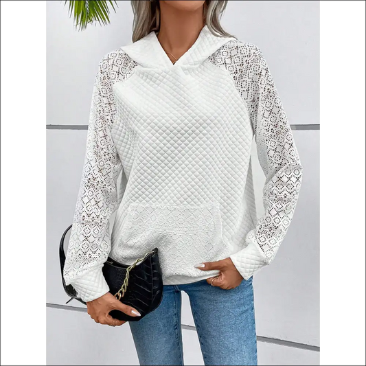 Lace Openwork Kangaroo Pocket Hoodie - White / Xl - Hoodies Sweatshirts & on Sale Worldwide Shipping