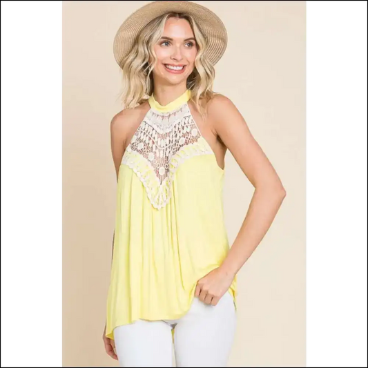 Lace Panel Sleeveless Round Neck Top - Yellow / l - Tank Tops on Sale Worldwide Shipping