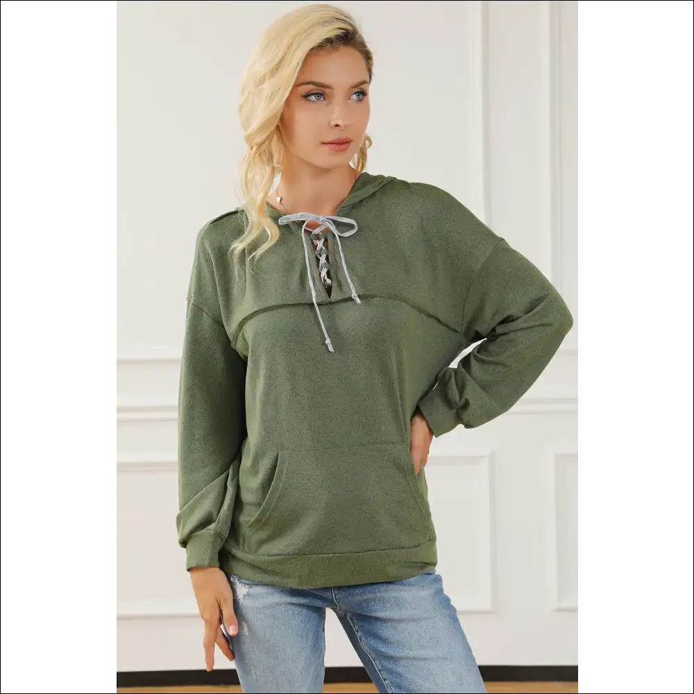 Lace-up Exposed Seam Hoodie with Pocket - Hoodies Sweatshirts & on Sale Worldwide Shipping