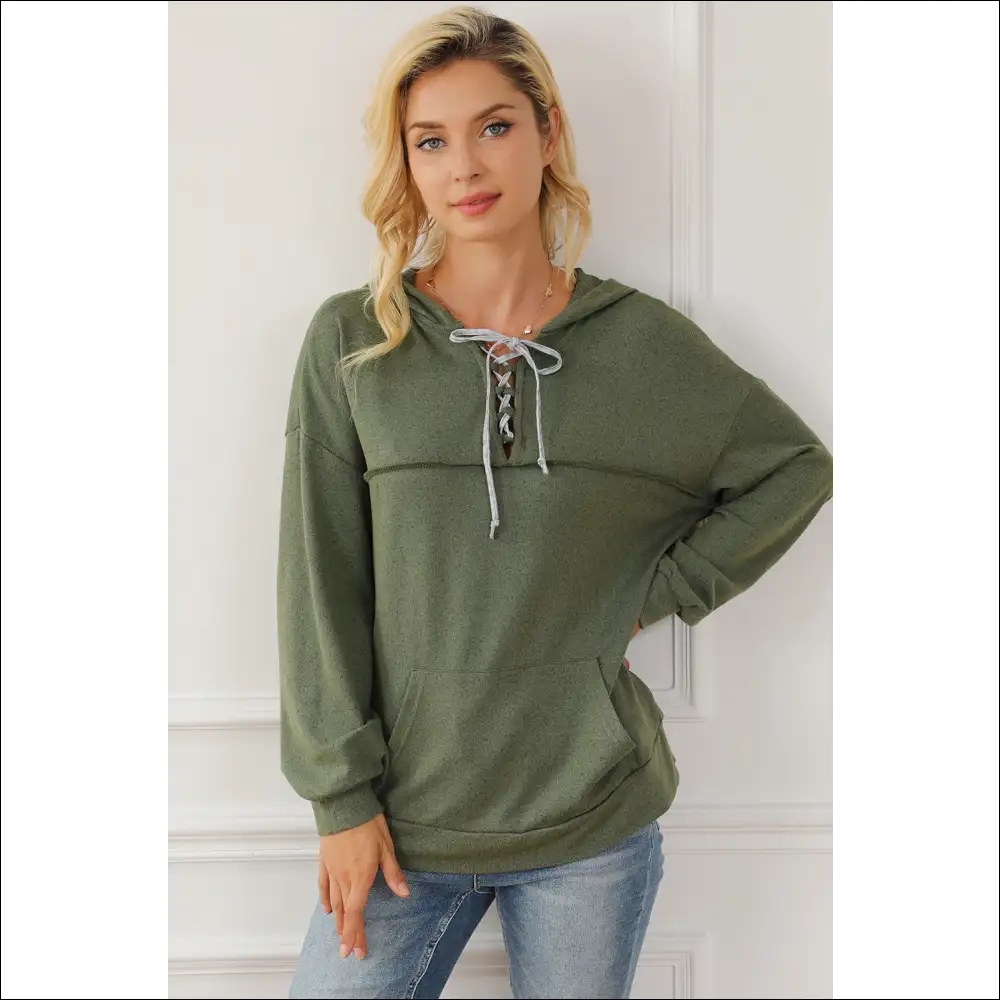 Lace-up Exposed Seam Hoodie with Pocket - Hoodies Sweatshirts & on Sale Worldwide Shipping