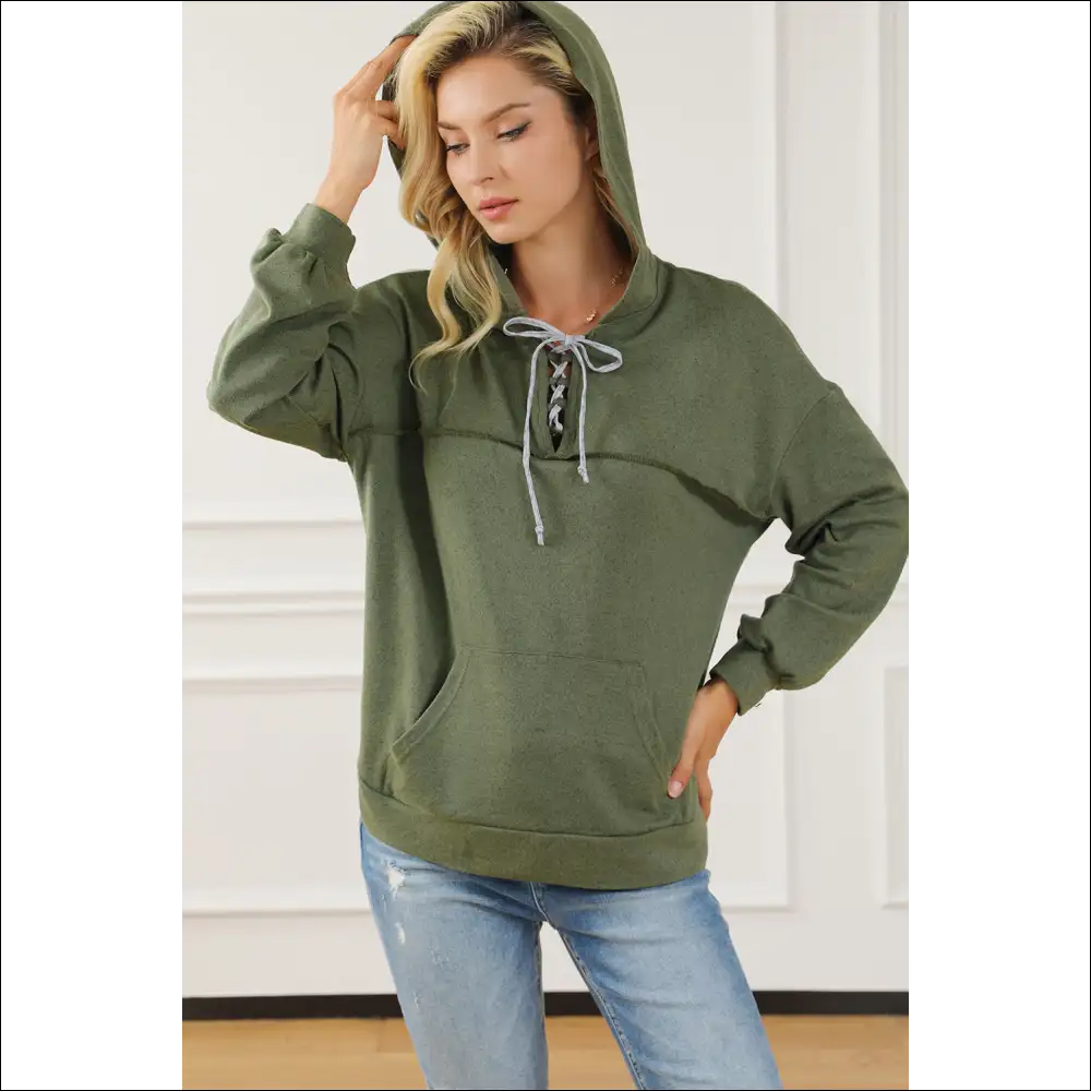 Lace-up Exposed Seam Hoodie with Pocket - Hoodies Sweatshirts & on Sale Worldwide Shipping