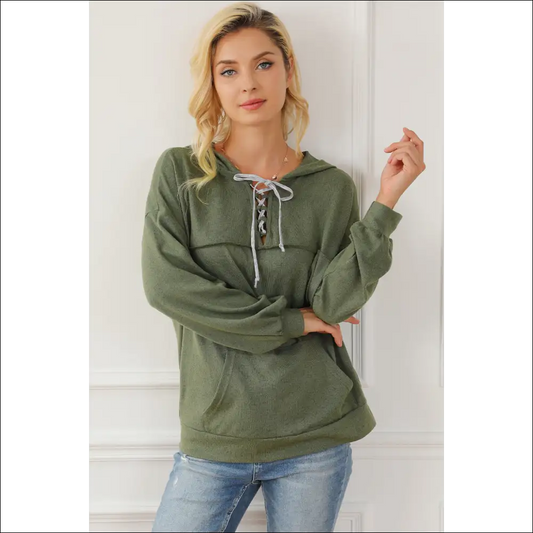 Lace-up Exposed Seam Hoodie with Pocket - Sage / s - Hoodies Sweatshirts & on Sale Worldwide Shipping